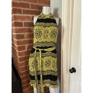 Pleated Halter Dress Keyhole Back Belted Boho Retro Flowy Summer Dress